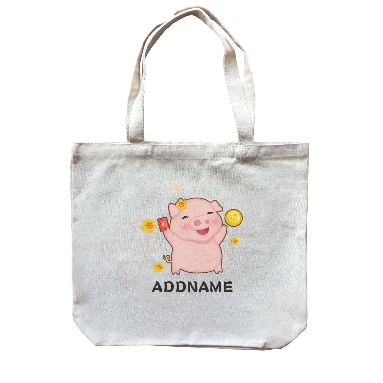 Cute Pig CNY Pig Girl with Red Packet and Happiness Symbol Accessories Canvas Bag