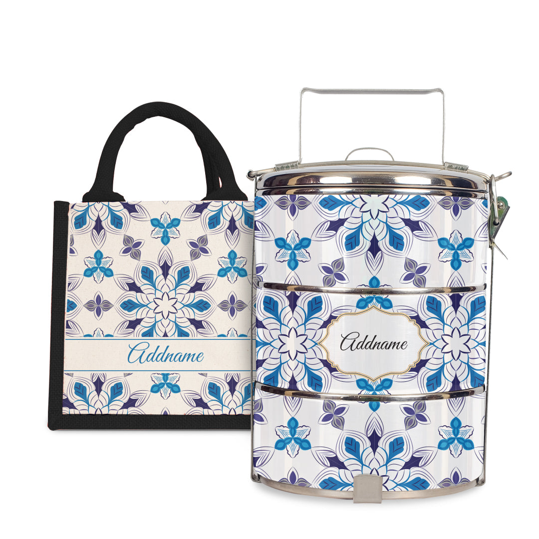 Moroccan Series - Arabesque Frost - Lunch Tote Bag with Three-Tier Tiffin Carrier