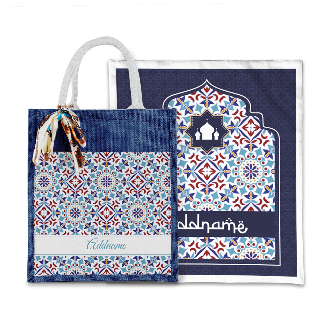 Arabesque Agean Blue Sejadah with Matching Colourful Jute Bag