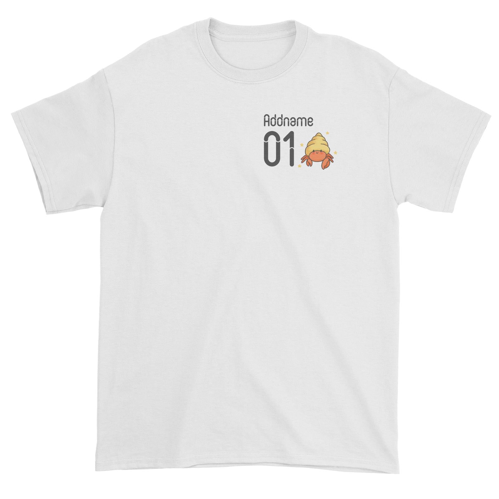 Pocket Name and Number Cute Hand Drawn Style Hermit Crab Unisex T-Shirt (FLASH DEAL)