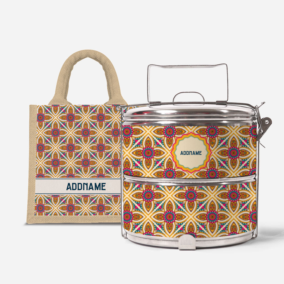 Pookal Series Standard Two Tier Tiffin with Half Lining Lunch Bag - Vibrant Tiles Natural