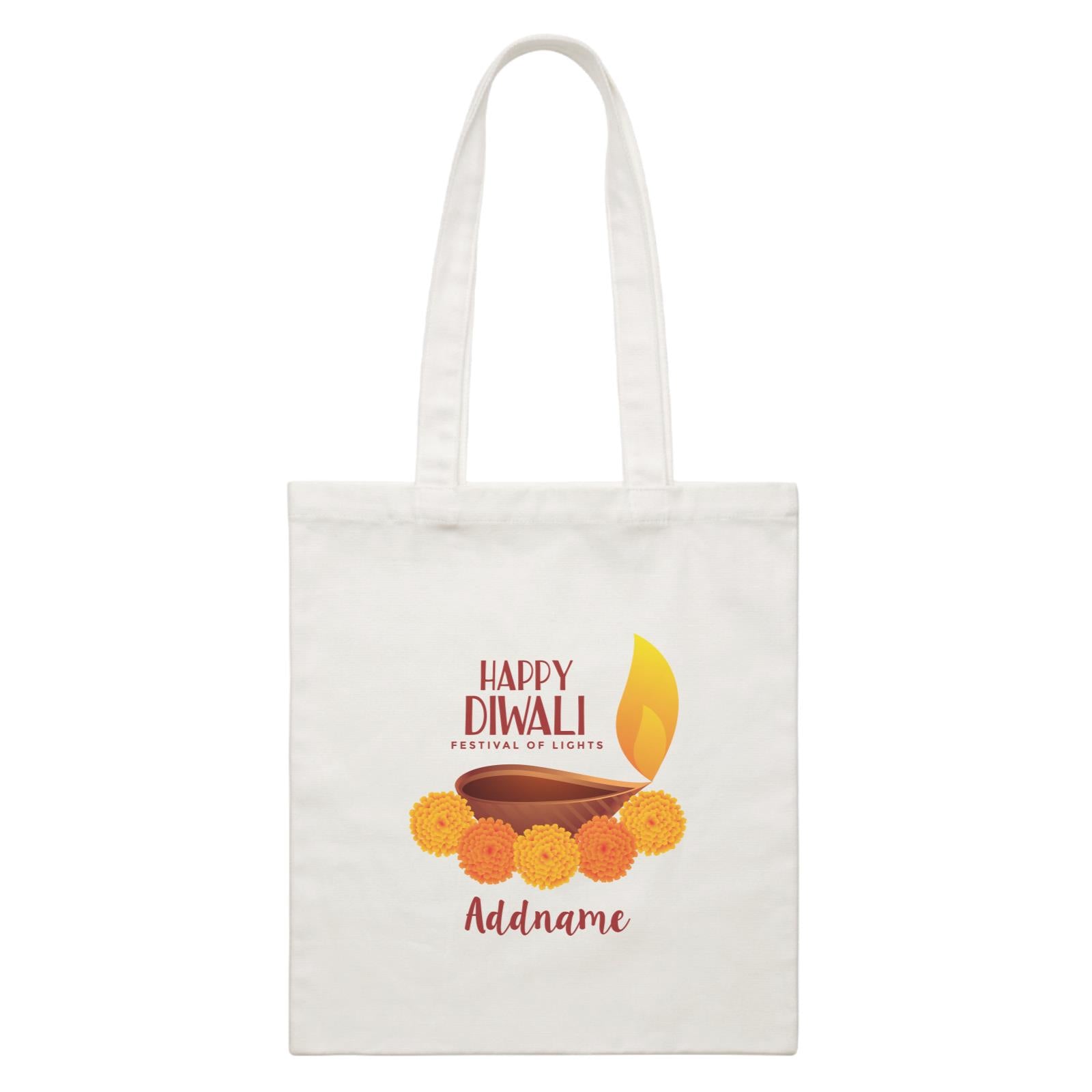 Deepavali Greetings Diyas With Flower Addname White Canvas Bag