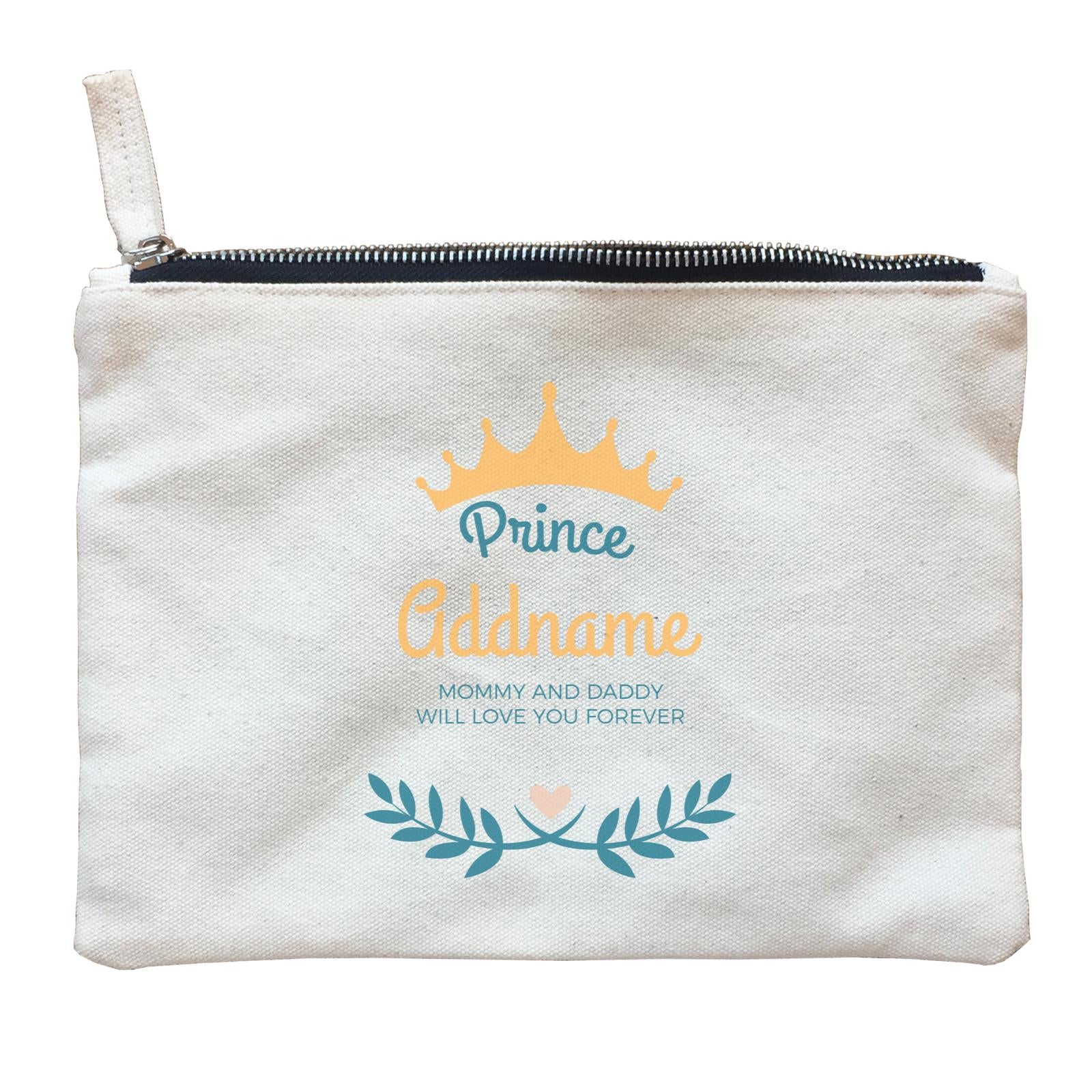 Prince with Crown and Blue Leaves Personalizable with Name and Text Zipper Pouch