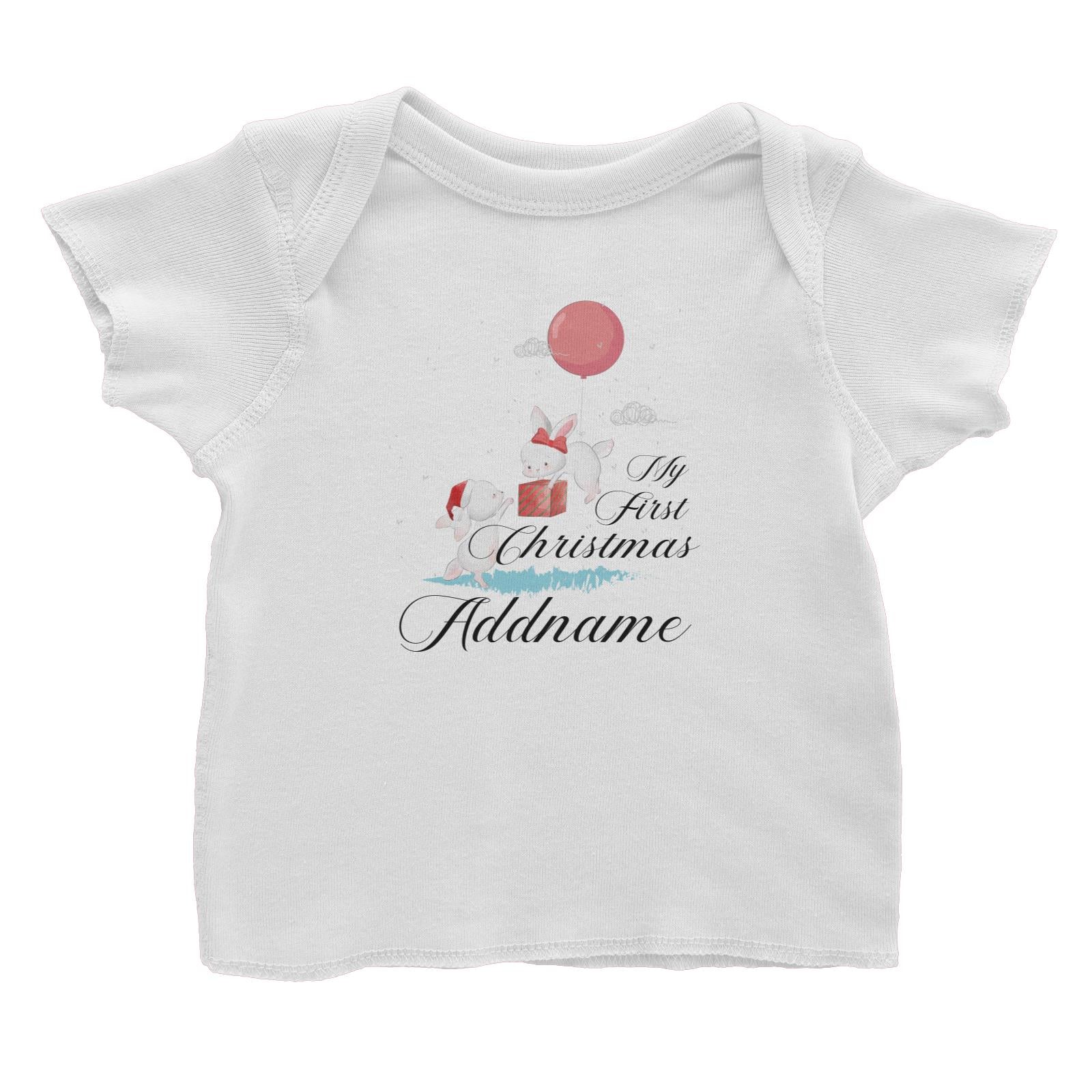 Christmas Cute Rabbits With Balloon and Present My First Christmas Addname Baby T-Shirt