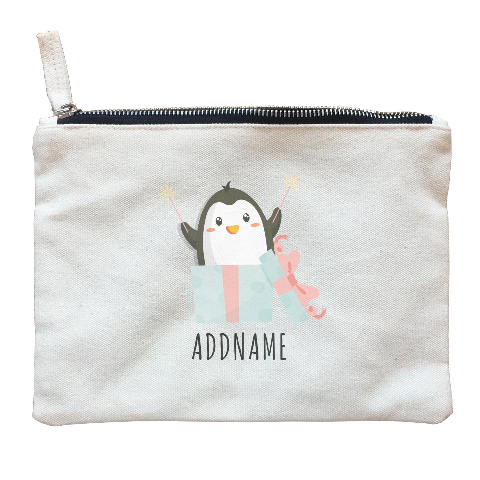 Birthday Cute Penguin Taking Fireworks In Present Box Addname Zipper Pouch
