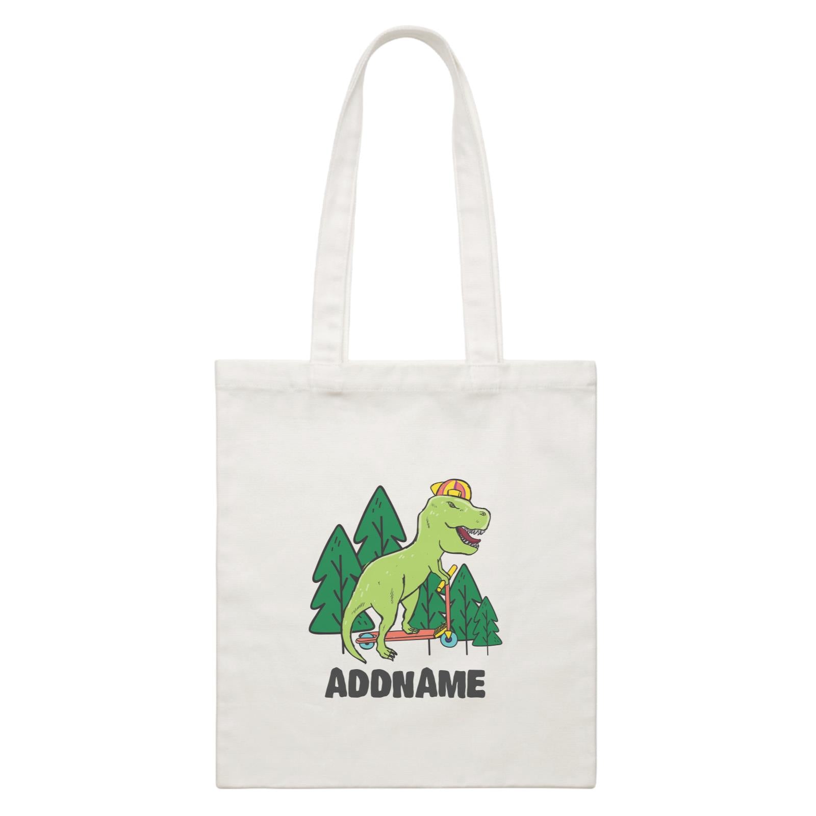 Super Cute Dinosaur Rides Scooter Into Woods White Canvas Bag