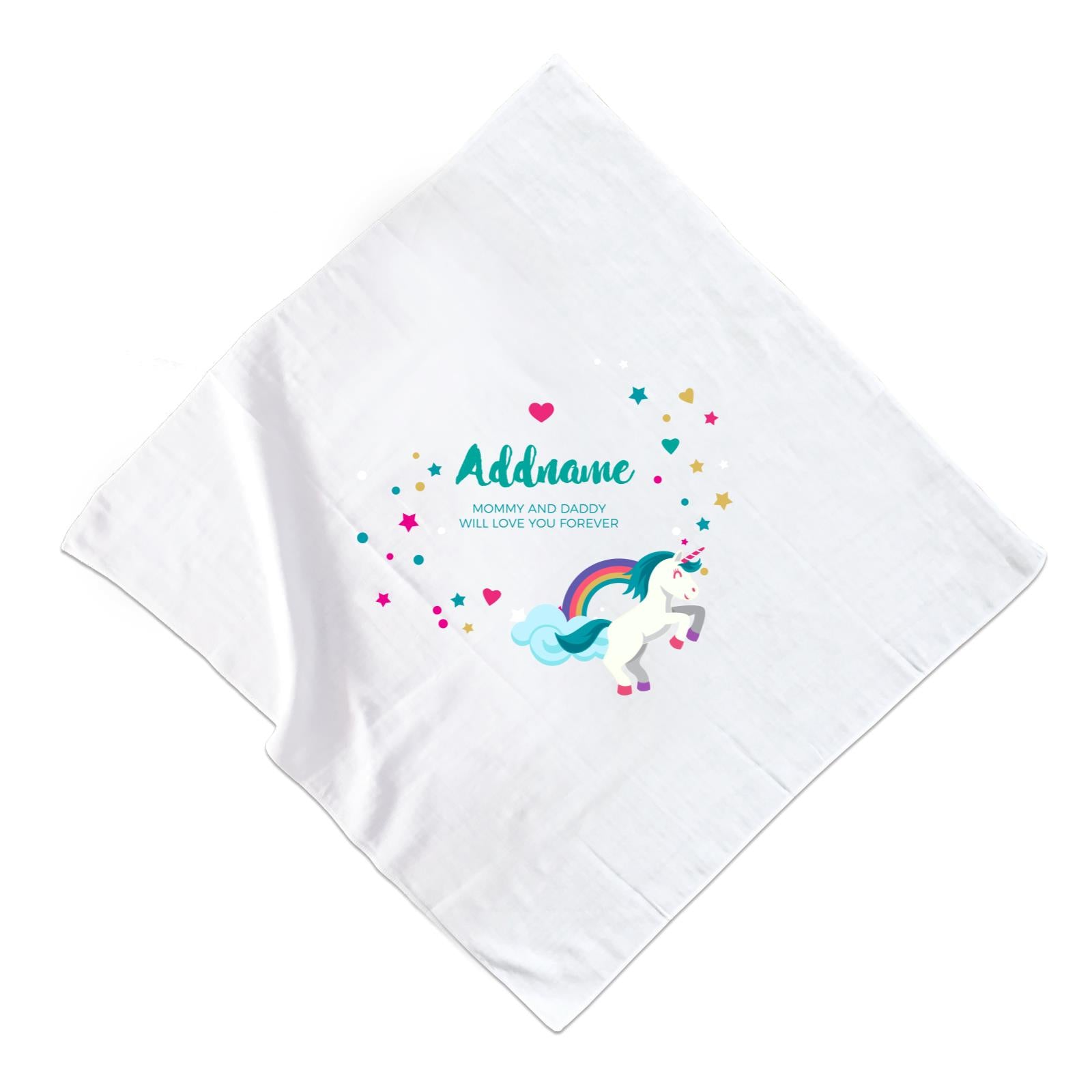 Blue Unicorn with Colourful Love and Start Elements Personalizable with Name and Text Muslin Square