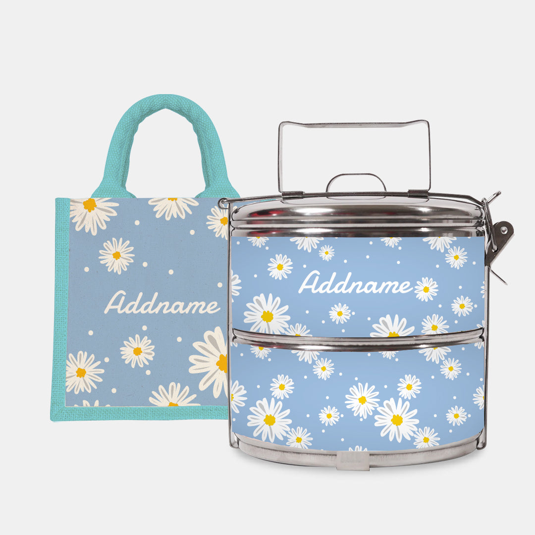 Daisy Series Half Lining Lunch Bag Wtih Standard Two Tier Tiffin Carrier - Frost Light Blue