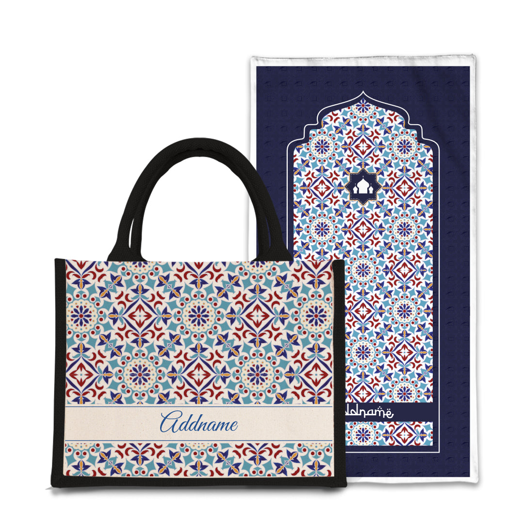 Arabesque Agean Blue  Sejadah Prayer Mat with Half Lining Small Jute Bag Bundle