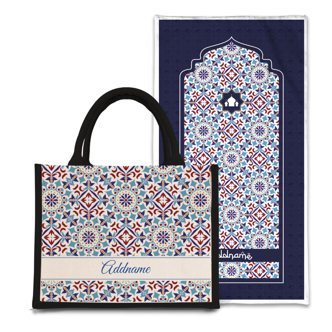 Arabesque Agean Blue  Sejadah Prayer Mat with Half Lining Small Jute Bag Bundle
