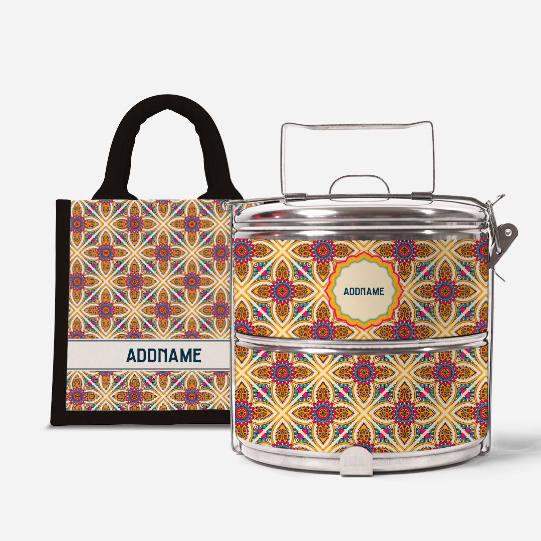 Pookal Series Standard Two Tier Tiffin with Half Lining Lunch Bag - Vibrant Tiles Black