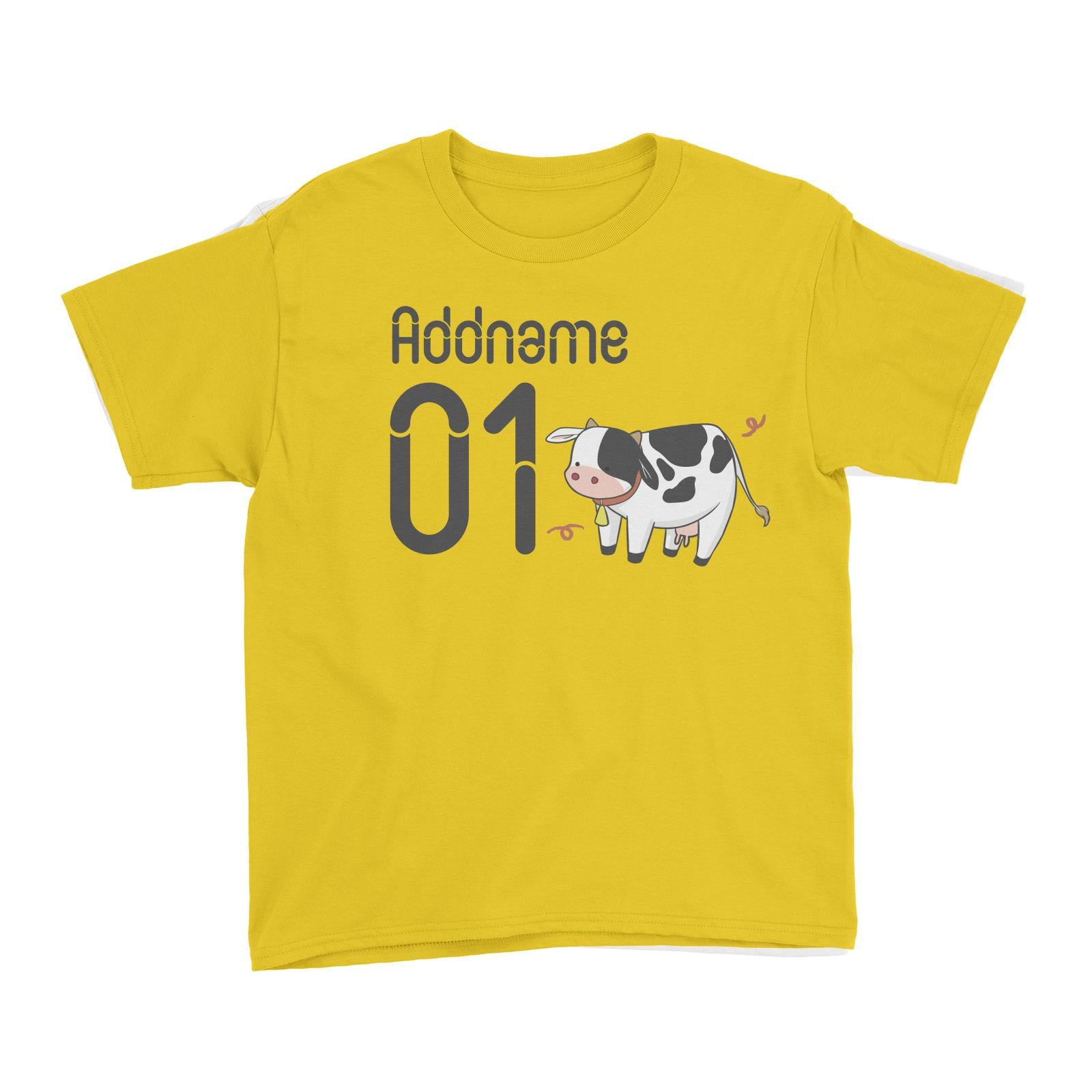 Name and Number Cute Hand Drawn Style Cow Kid's T-Shirt