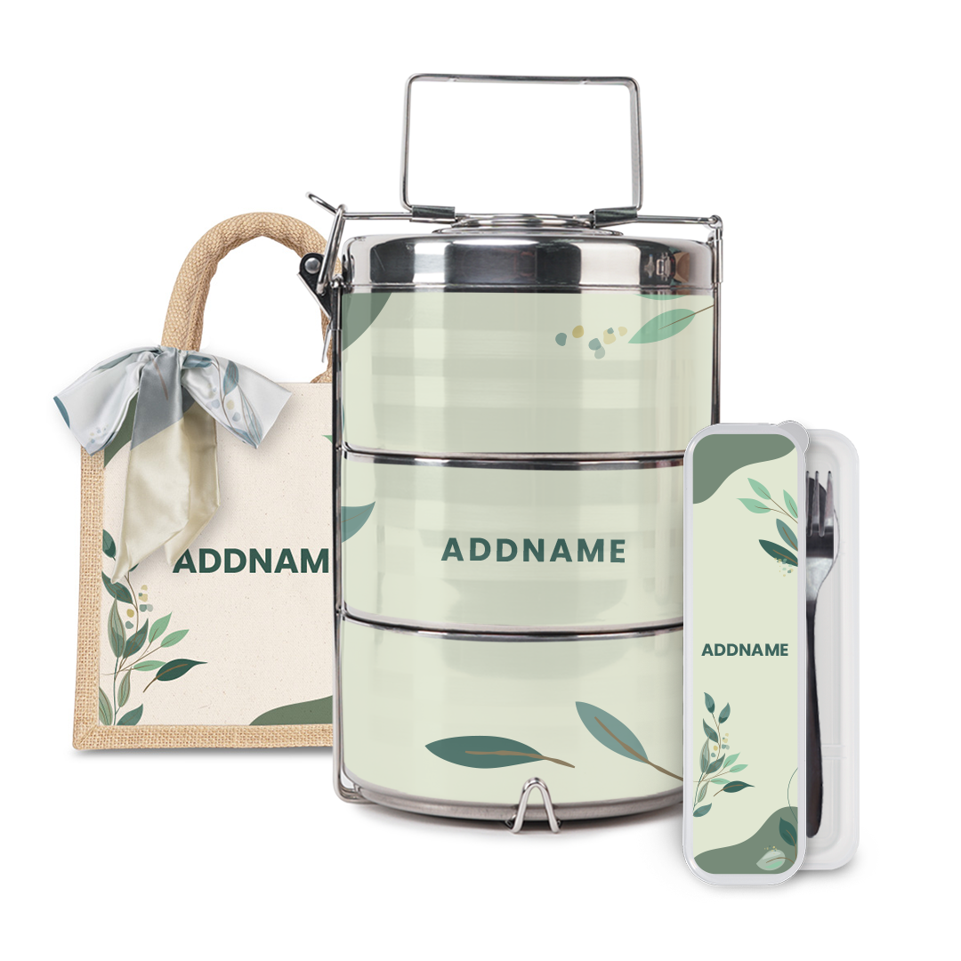 Charlotte Series Matcha Half Lining Lunch Bag Tiffin Carrier and Cutlery Set