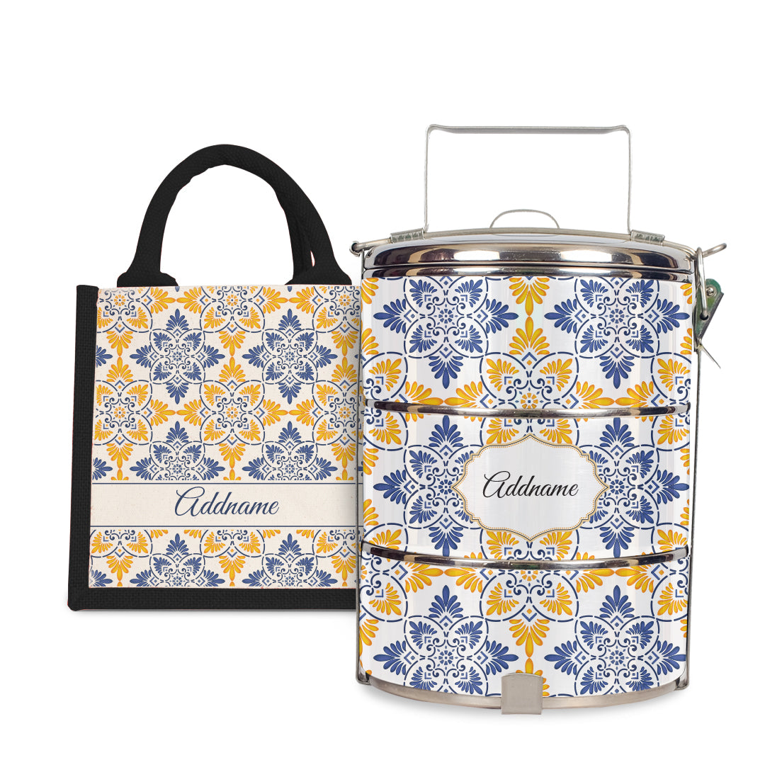 Moroccan Series - Arabesque Butter Blue  - Lunch Tote Bag with Three-Tier Tiffin Carrier
