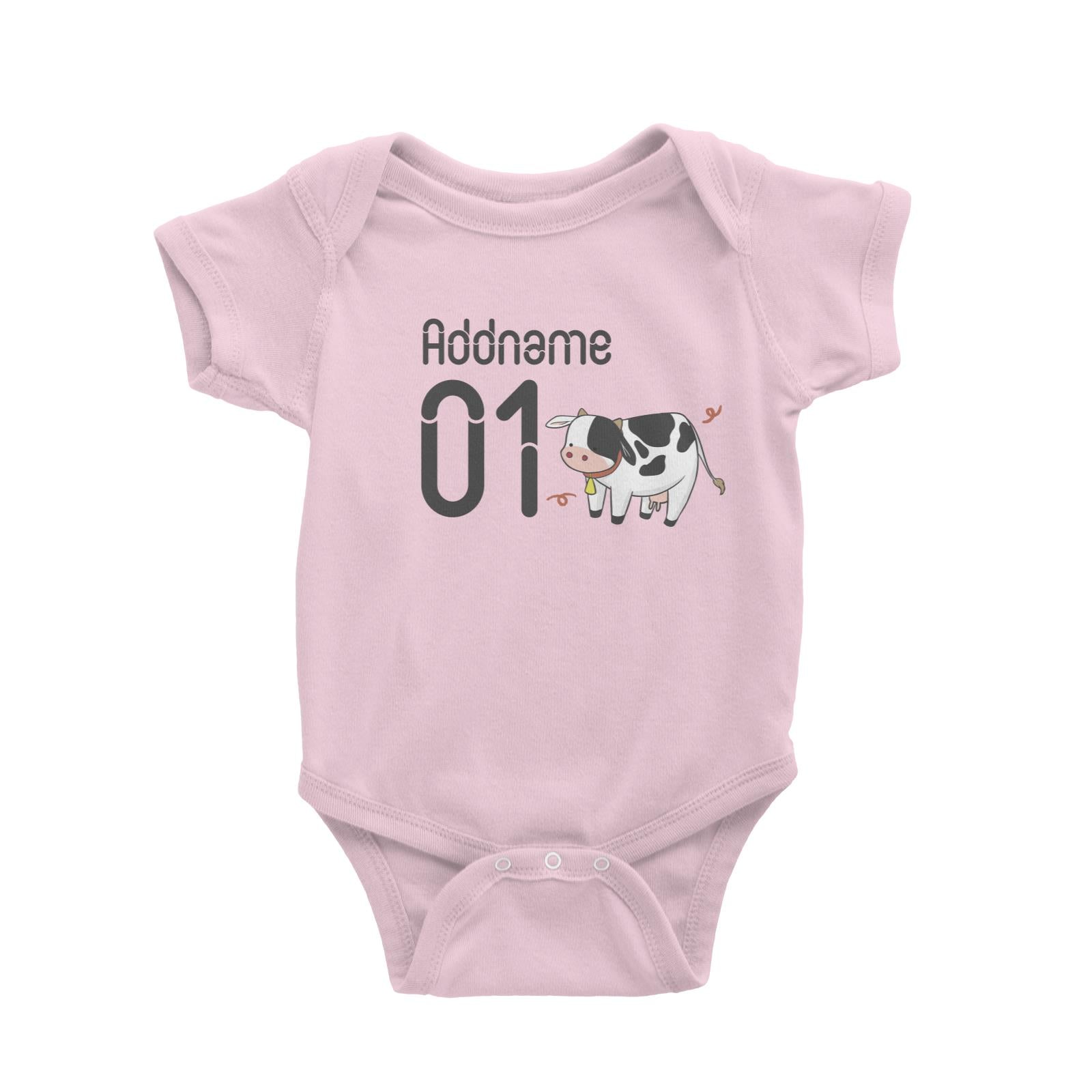 Name and Number Cute Hand Drawn Style Cow Baby Romper