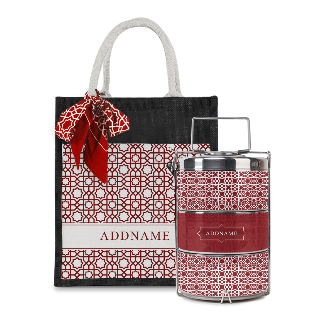 Annas Series - Rouge Colorful Jute Bag with Front Pocket with Tiffin Carrier Set