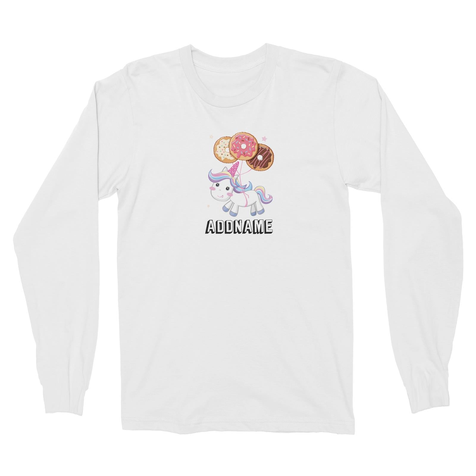 Birthday Unicorn Flying Donuts Balloon In Air Addname Long Sleeve Unisex T-Shirt