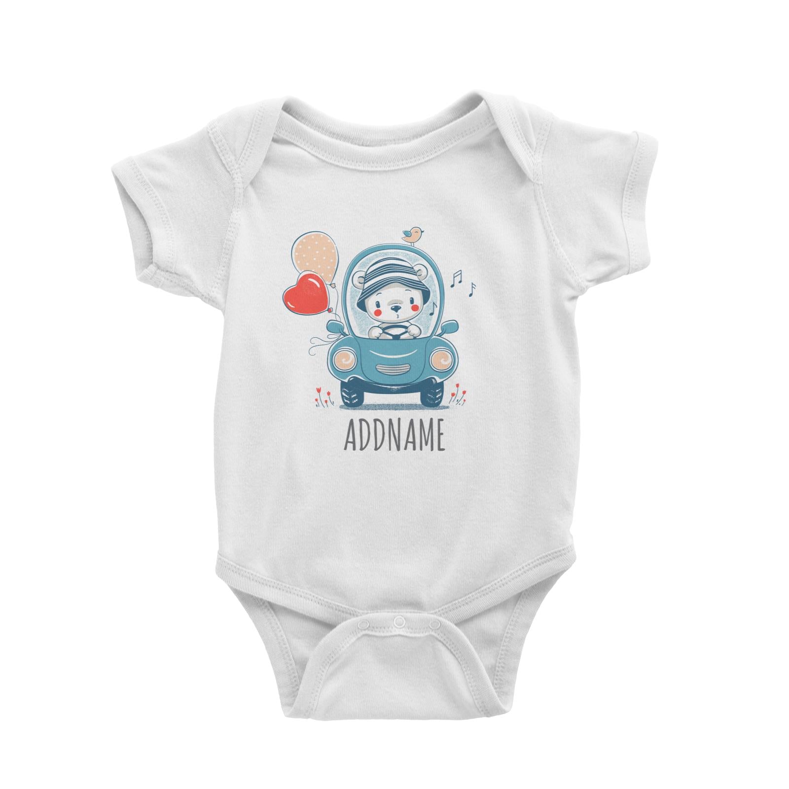 Bear Riding Car with Balloons White Baby Romper Personalizable Designs Cute Sweet Animal Love For Boys HG
