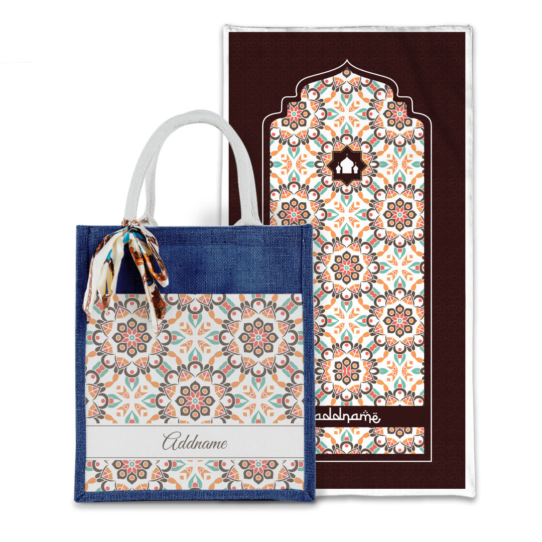 Arabesque Geo Brown Sejadah with Matching Colourful Jute Bag