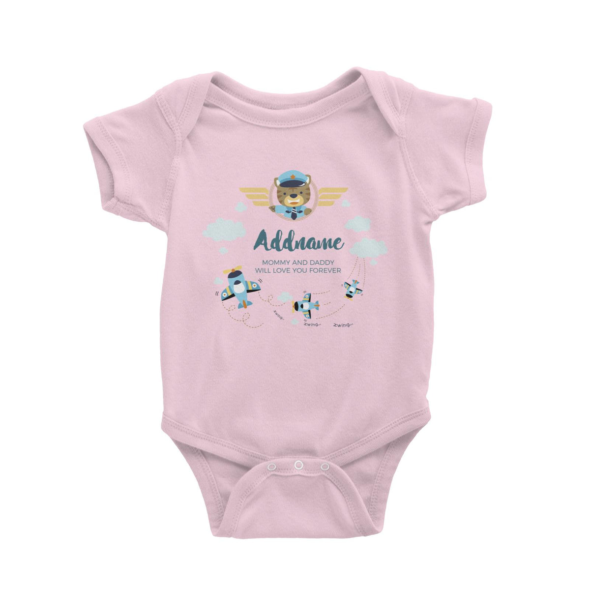Cute Bear Pilot and Blue Planes Flying Personalizable with Name and Text Baby Romper