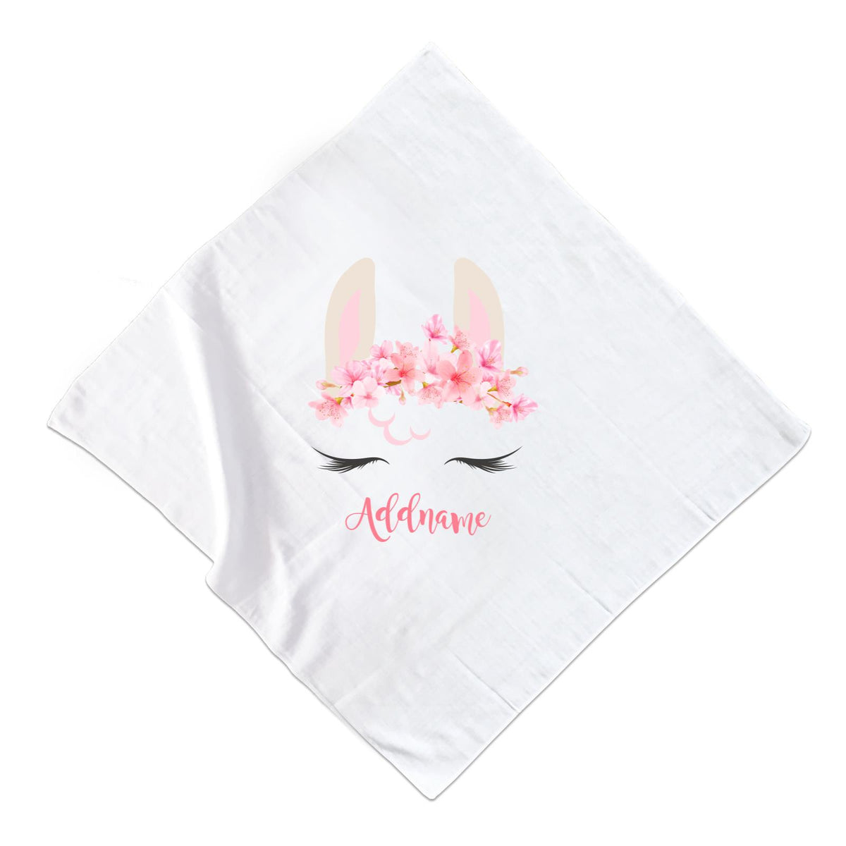 Pink Flower Garland Llama Face Addname Muslin  Square