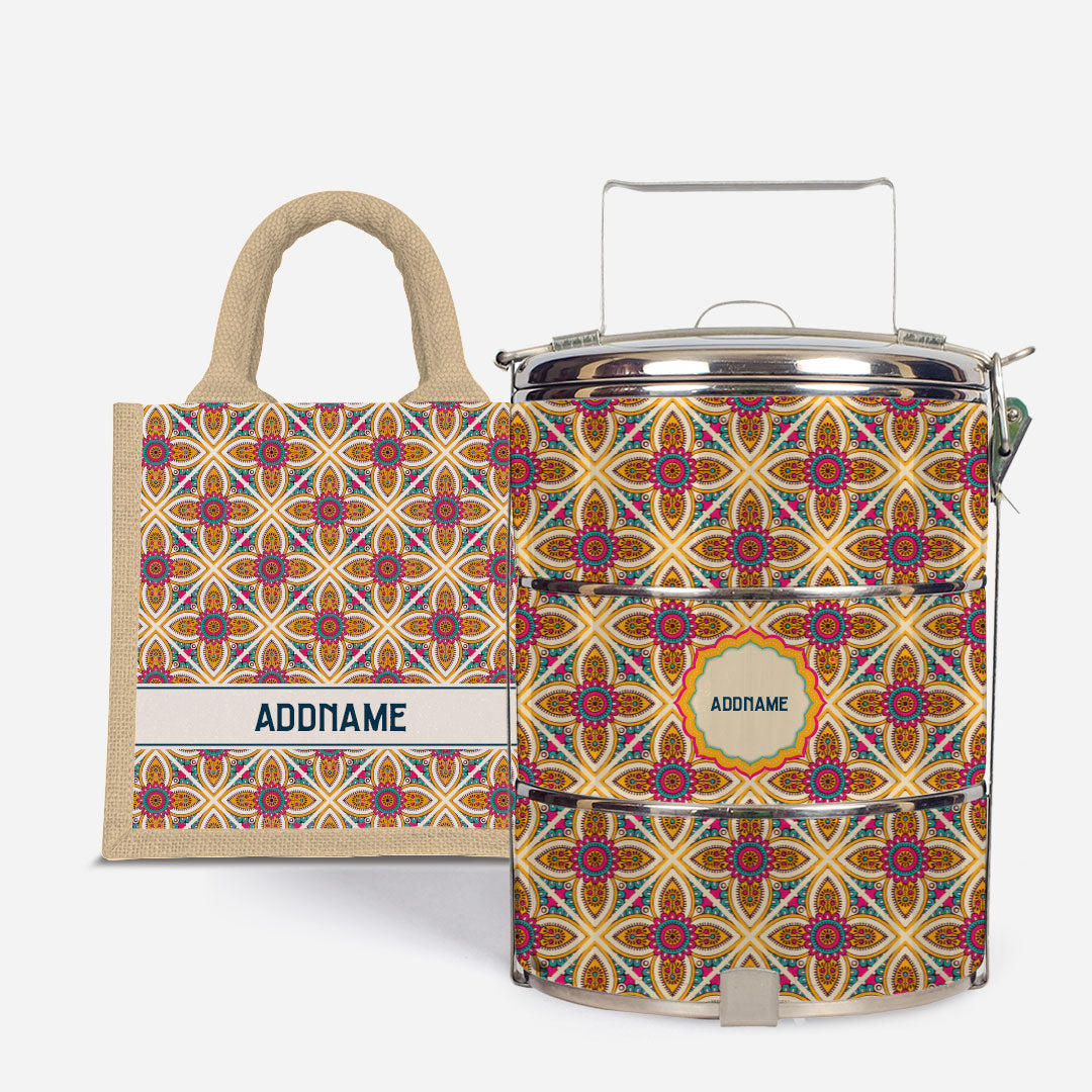 Pookal Series Standard Tiffin with Half Lining Lunch Bag - Vibrant Tiles Natural