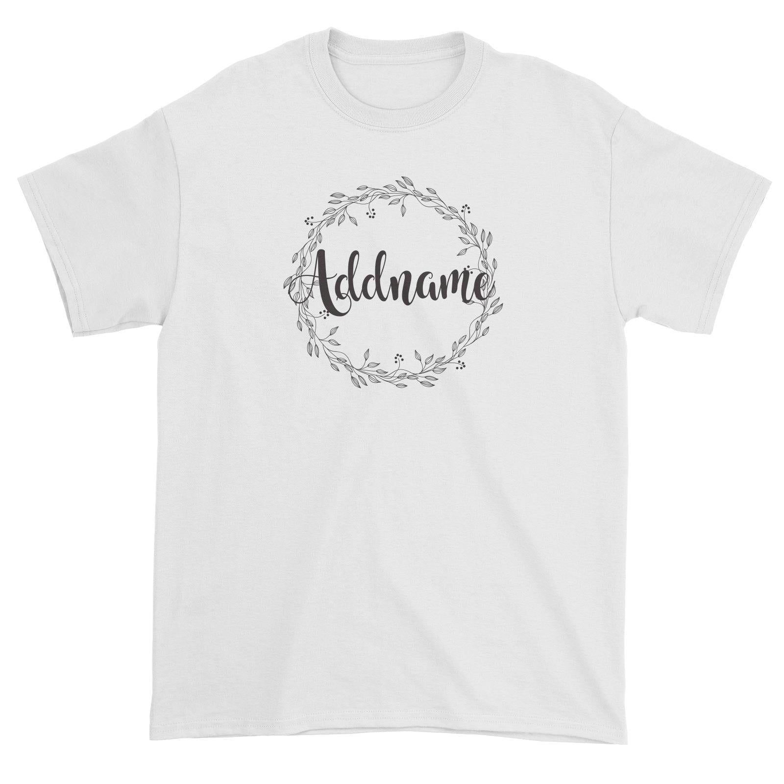 Bridesmaid Monochrome Floral Wreath Addname Unisex T-Shirt