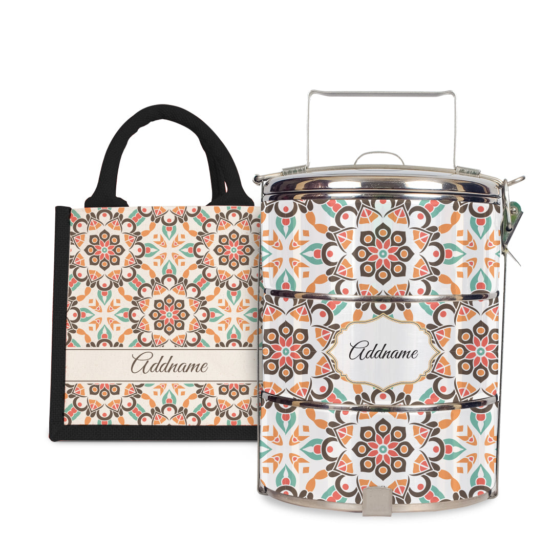 Moroccan Series - Arabesque Geo Brown - Lunch Tote Bag with Three-Tier Tiffin Carrier