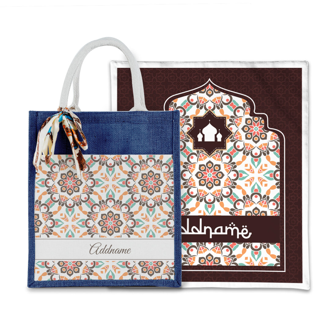 Arabesque Geo Brown Sejadah with Matching Colourful Jute Bag