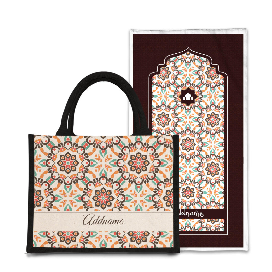Arabesque Geo Brown  Sejadah Prayer Mat with Half Lining Small Jute Bag Bundle