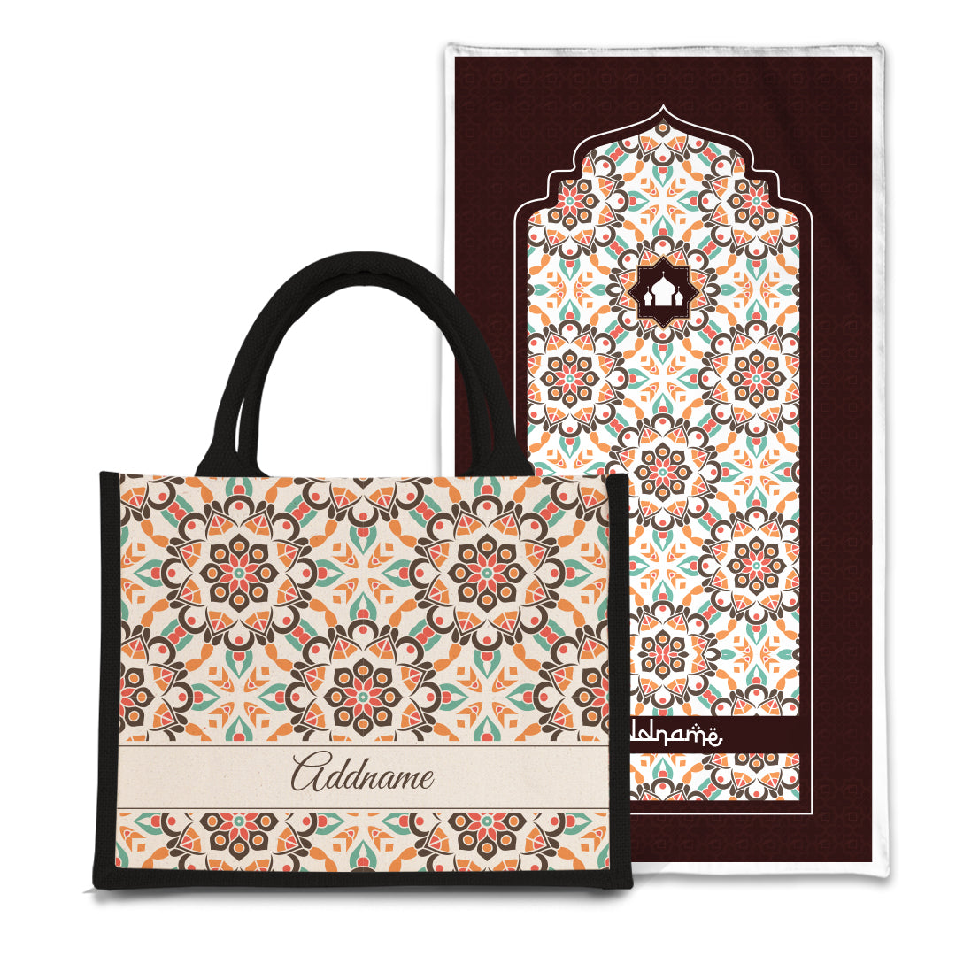Arabesque Geo Brown  Sejadah Prayer Mat with Half Lining Small Jute Bag Bundle
