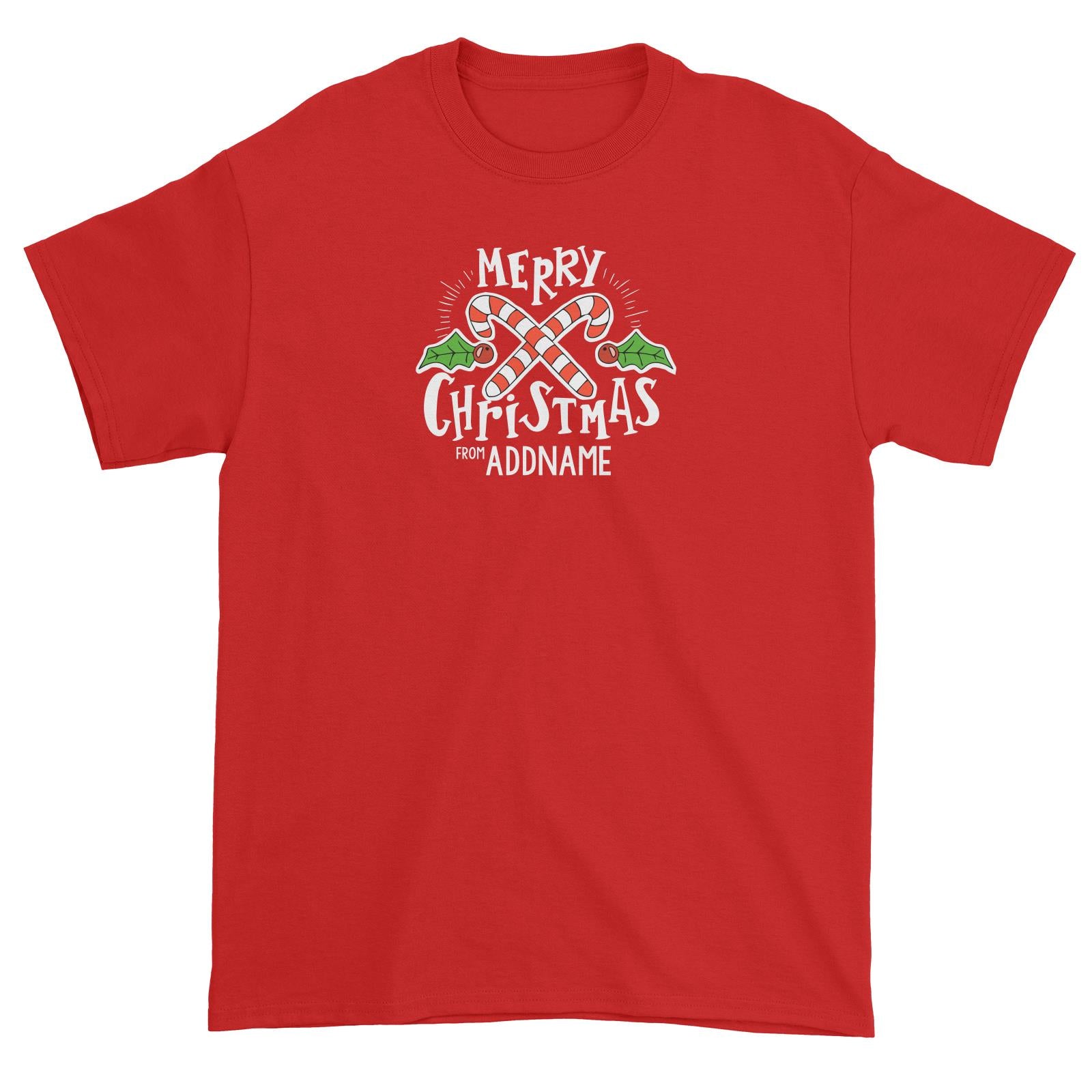 Merry Chrismas with Holly and Candy Cane Greeting Addname Unisex T-Shirt Christmas Matching Family Personalizable Designs Lettering