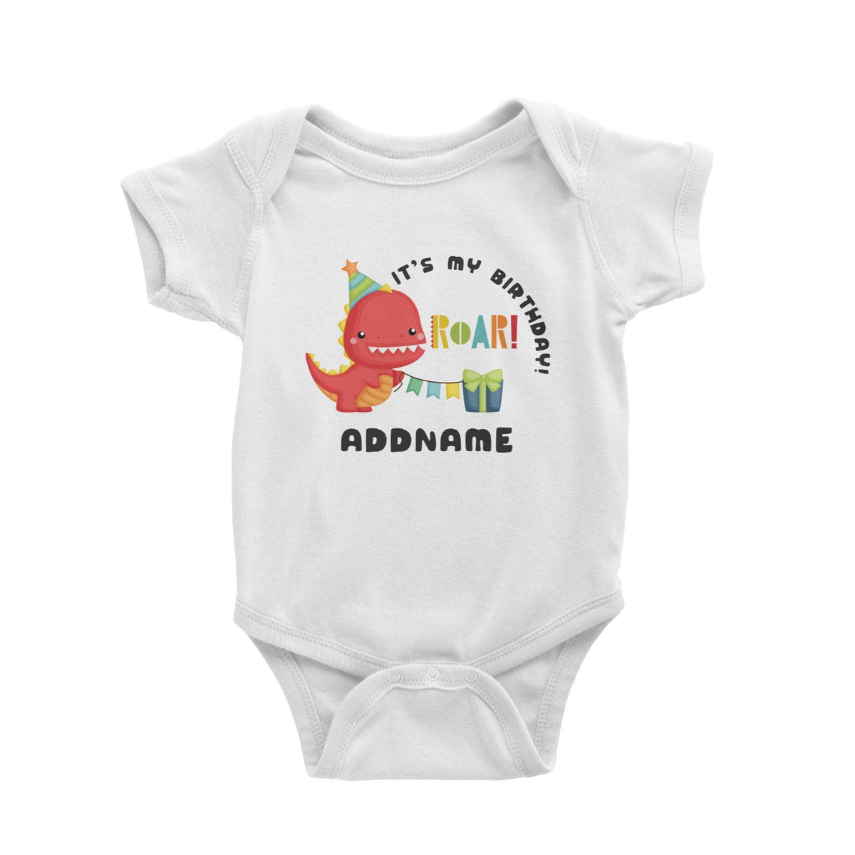Birthday Dinosaur Happy Red Rex Wearing Party Hat It's My Birthday Addname Baby Romper