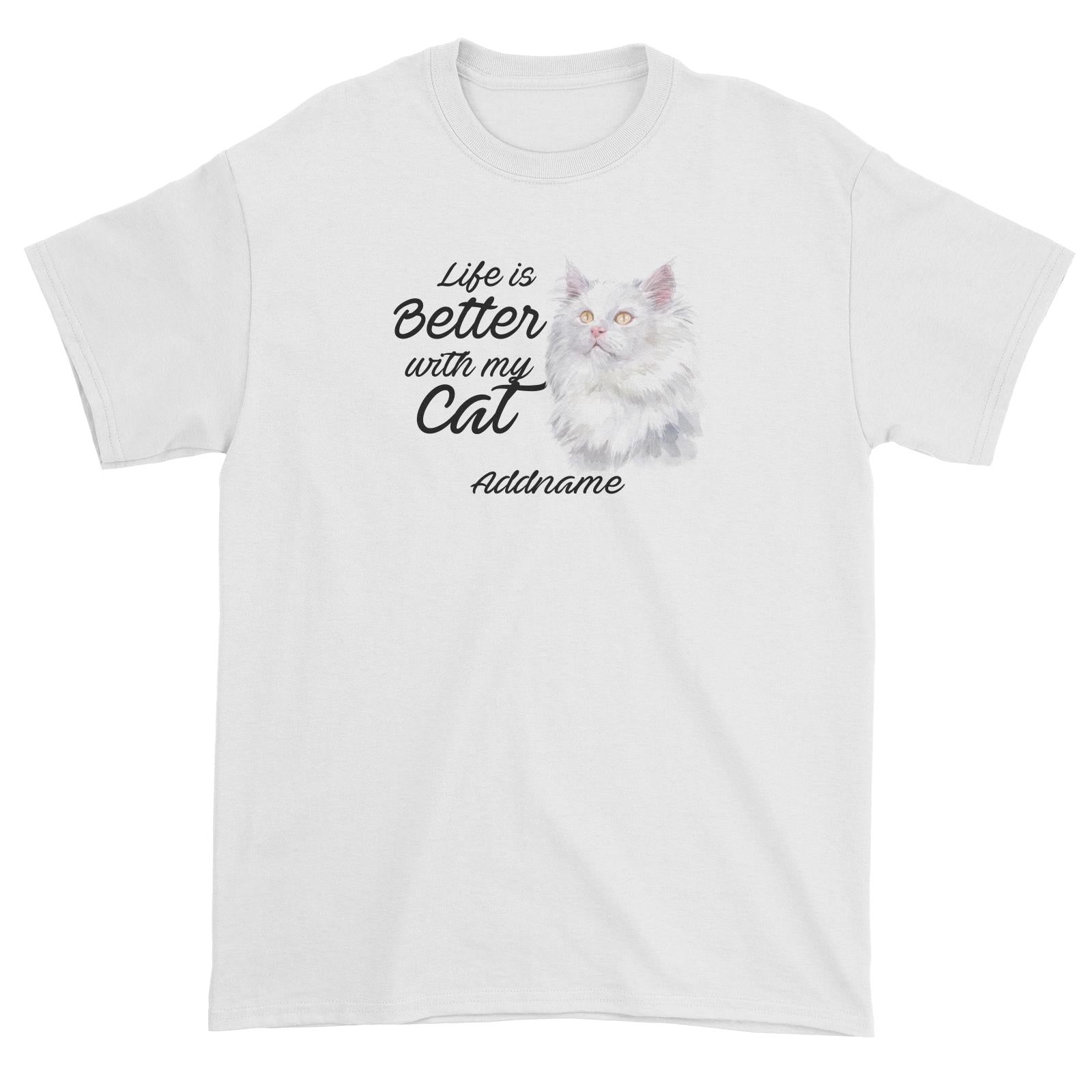 Watercolor Life is Better With My Cat Deutsch Langhaar Katzen Addname Unisex T-Shirt