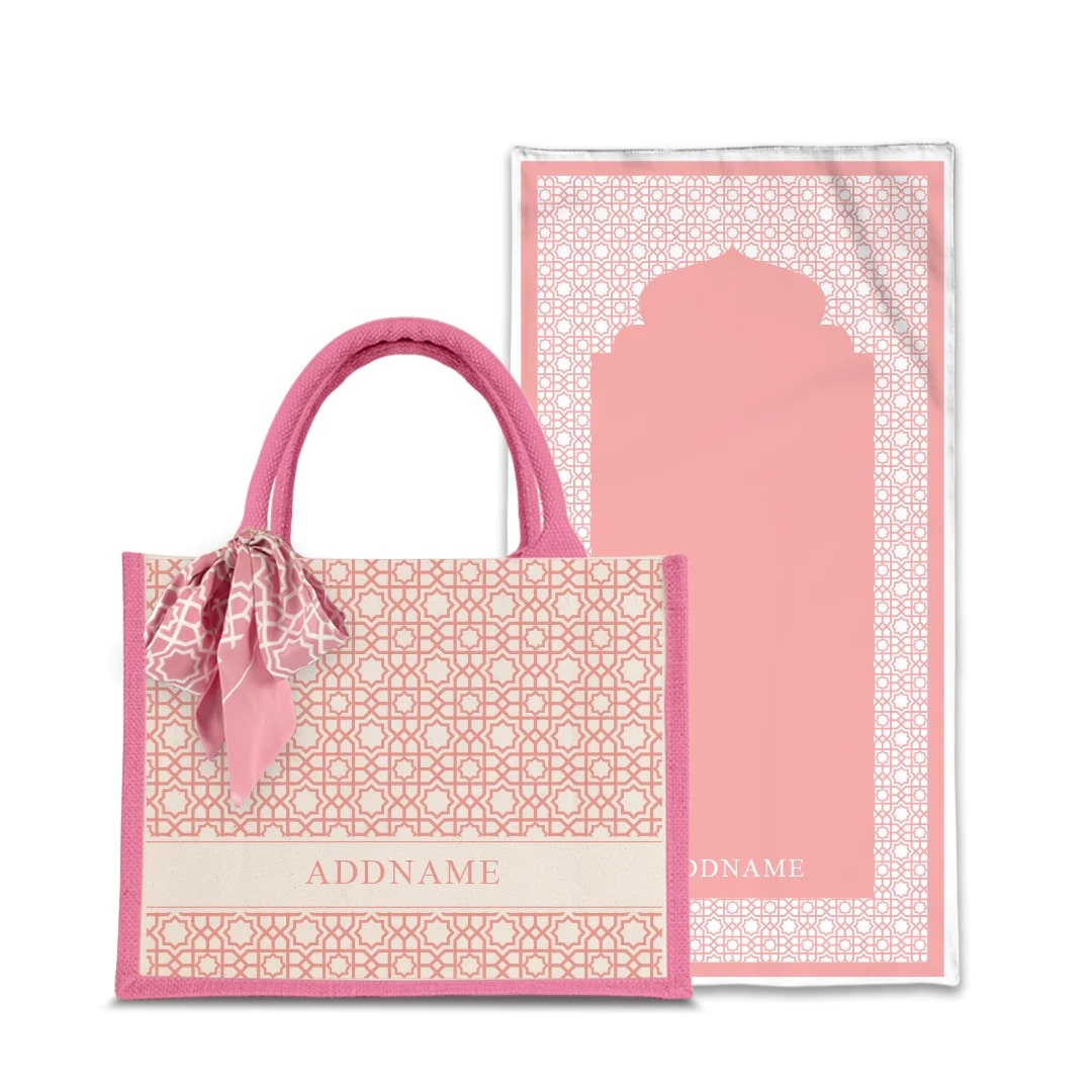 Annas Series Prayer Mat with Half Lining Small Jute Bag-Light Pink