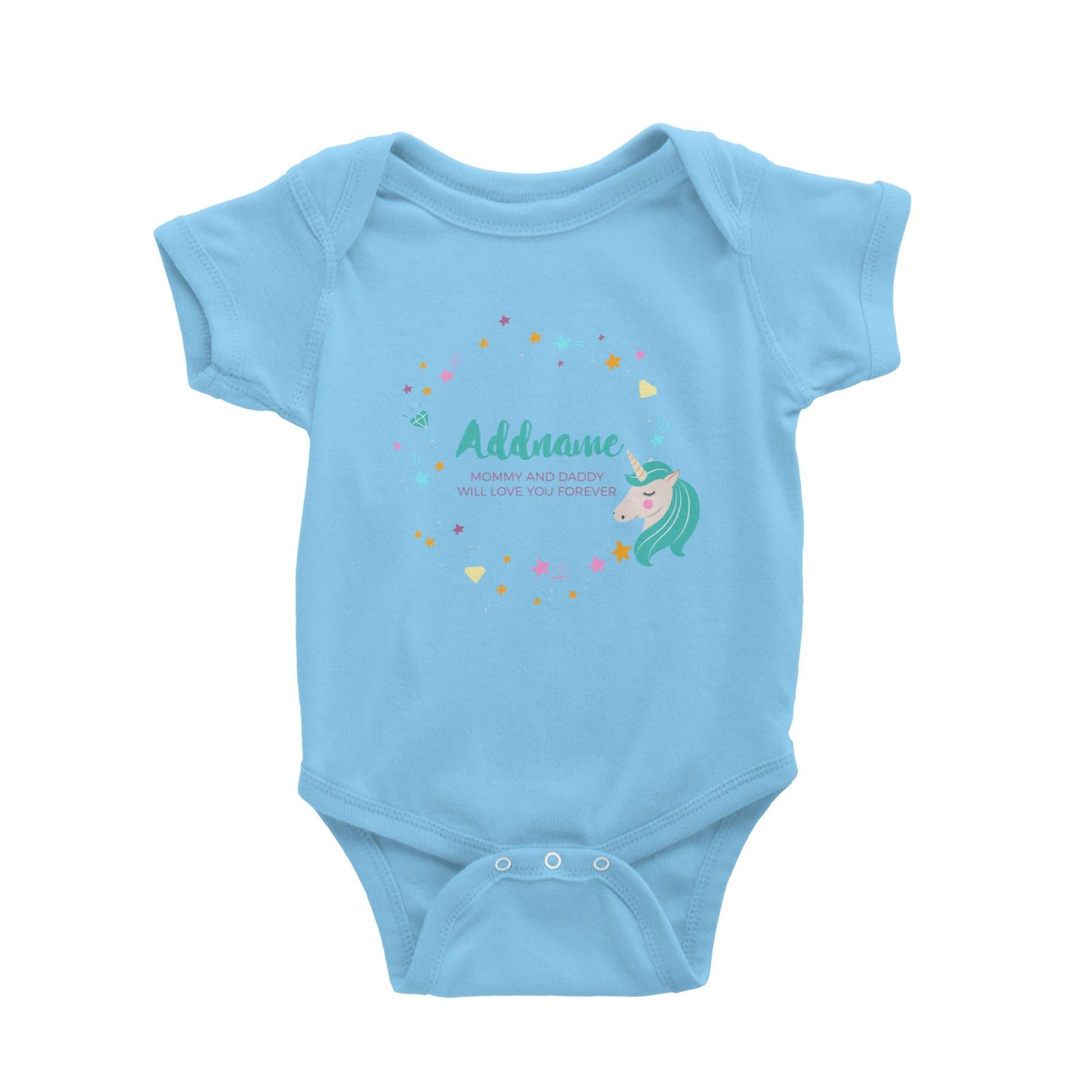 Cute Green Unicorn with Star and Diamond Elements Personalizable with Name and Date Baby Romper