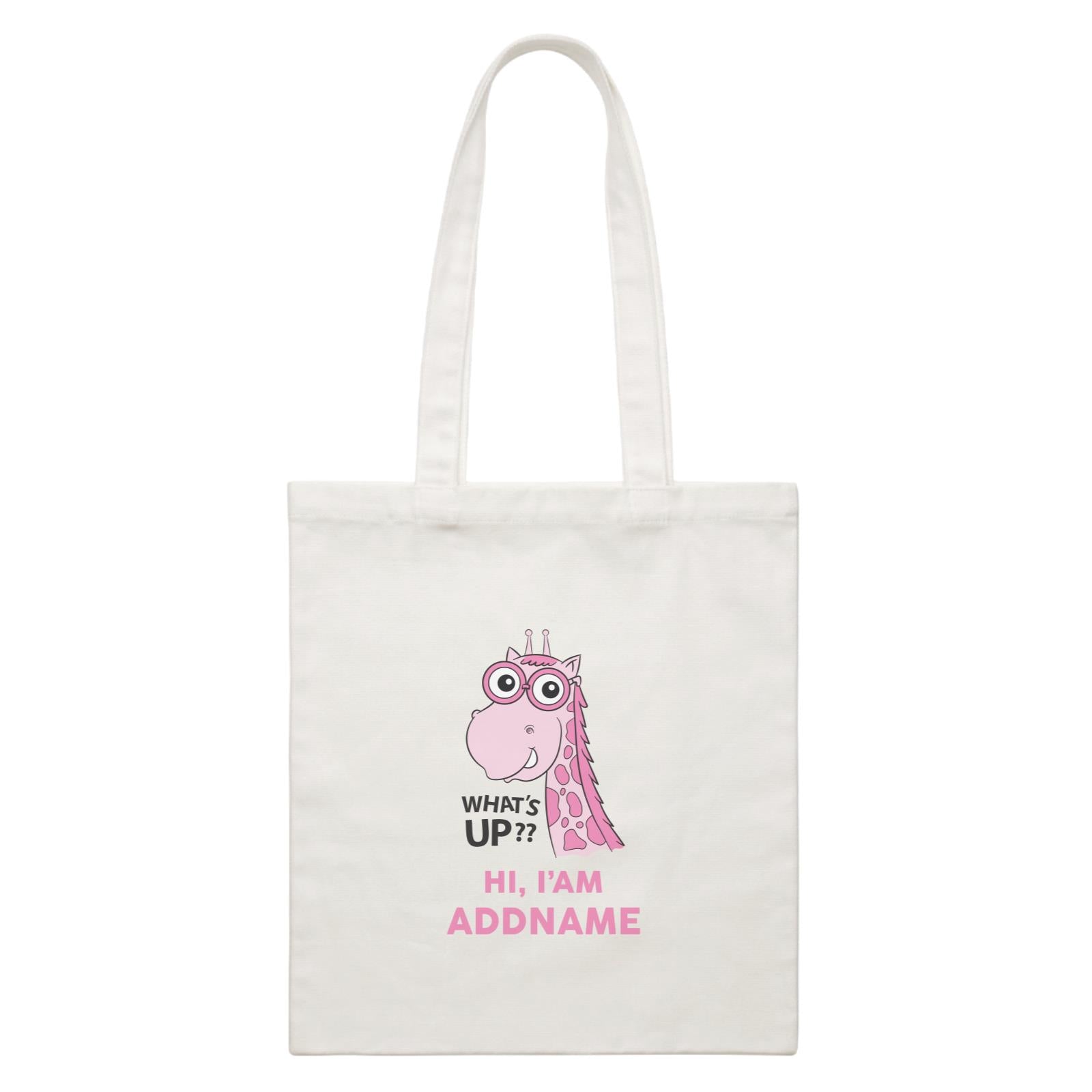 Cool Cute Animals Giraffe What's Up Hi I'am Addname White Canvas Bag