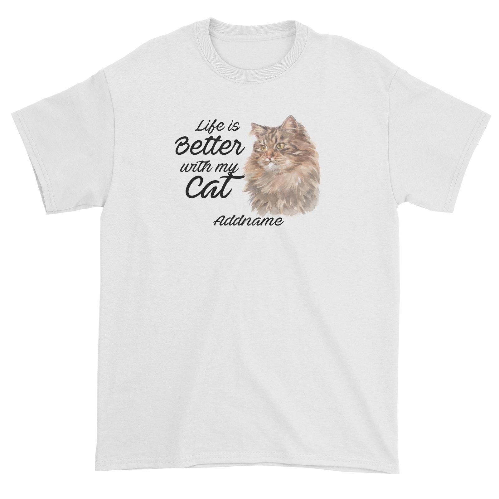 Watercolor Life is Better With My Cat Siberian Cat Brown Addname Unisex T-Shirt
