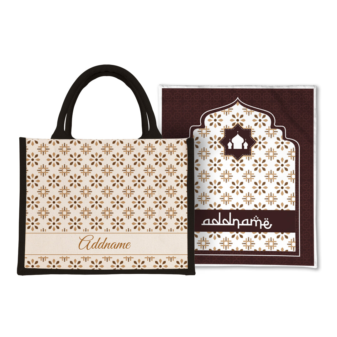 Arabesque Tawny Brown  Sejadah Prayer Mat with Half Lining Small Jute Bag Bundle