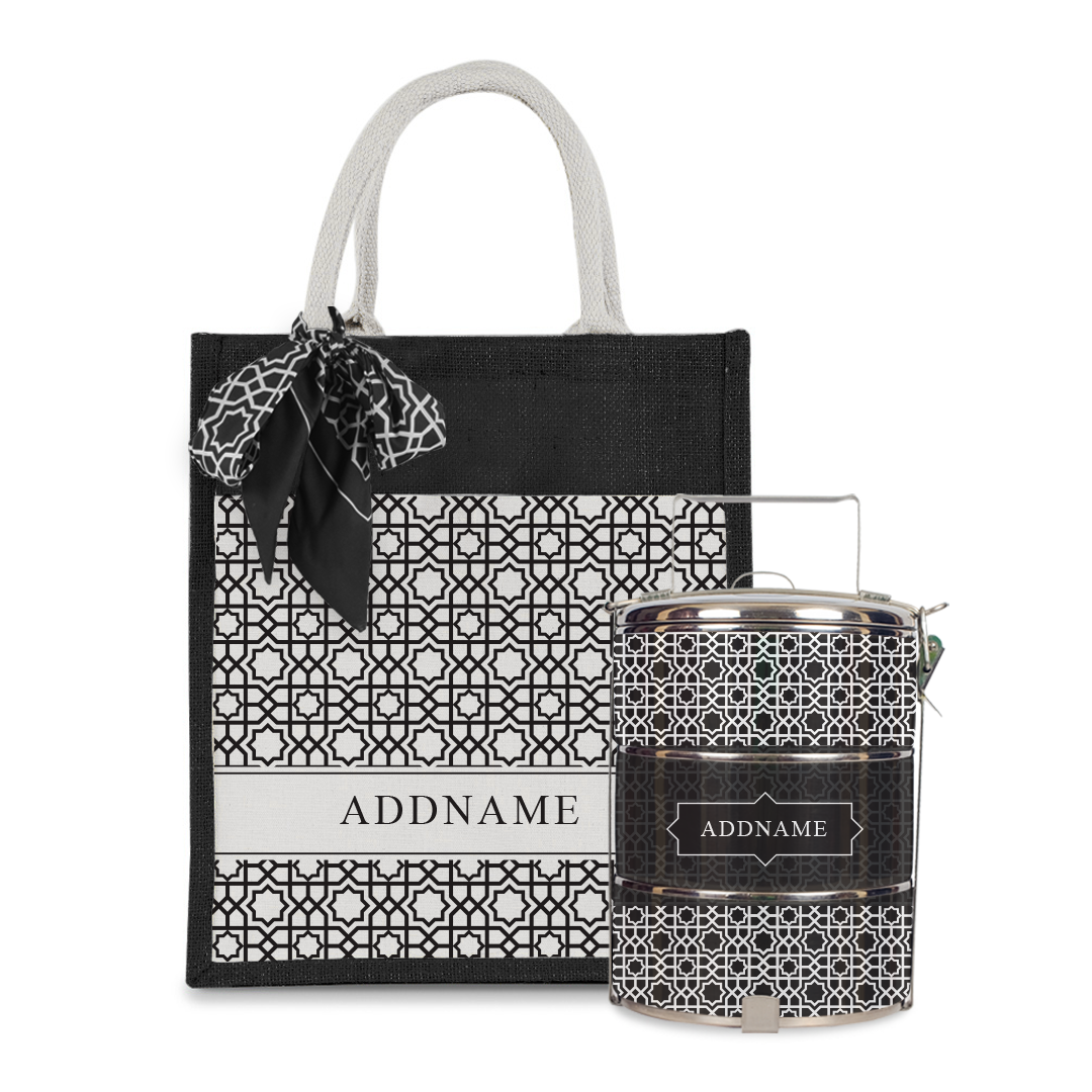 Annas Series - Black Colorful Jute Bag with Front Pocket with Tiffin Carrier Set