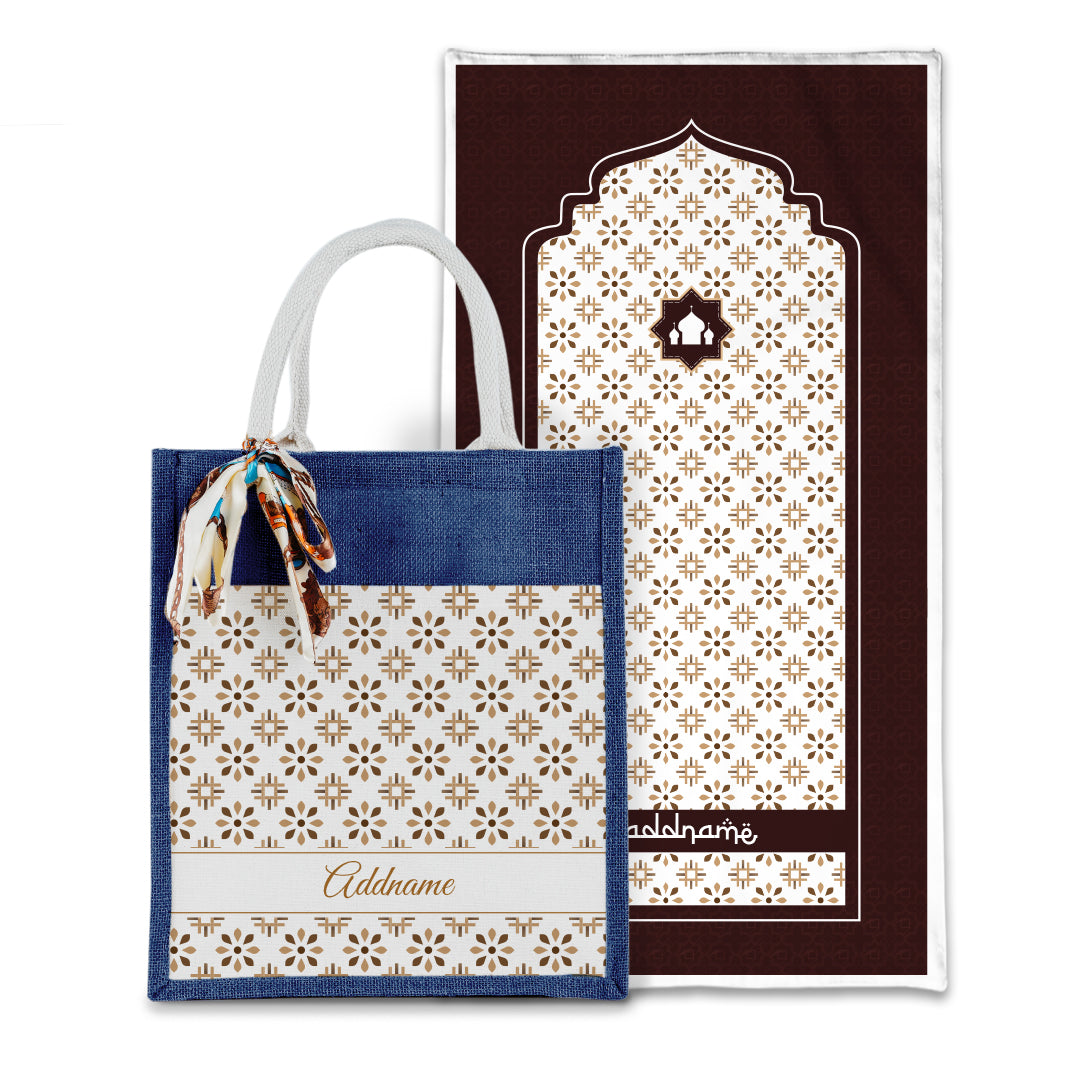 Arabesque Tawny Brown Sejadah with Matching Colourful Jute Bag