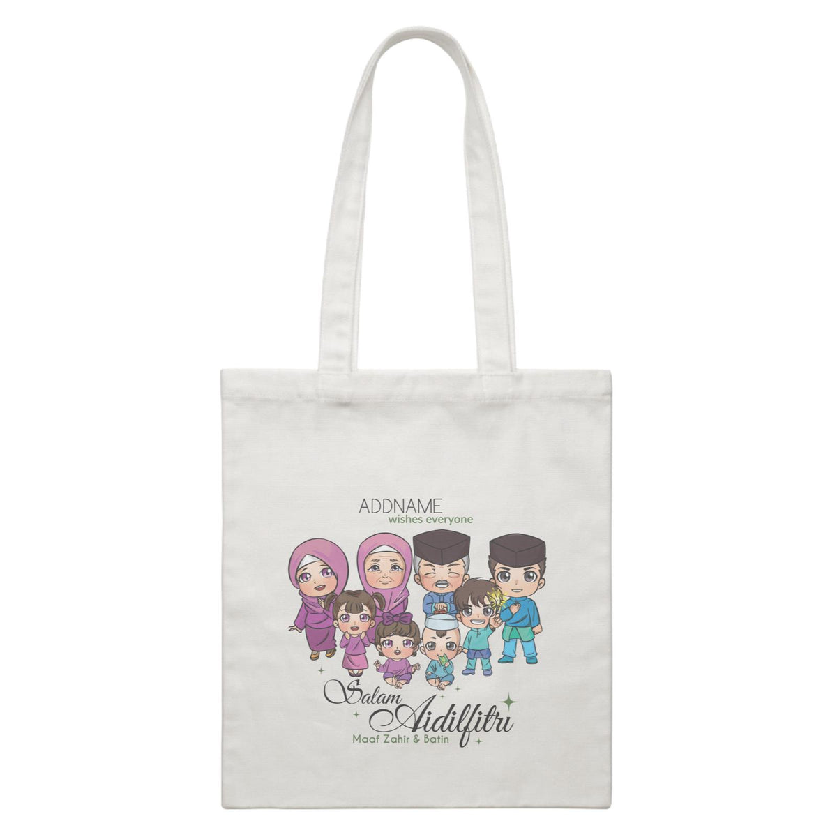 Raya Chibi Big Family Addname Wishes Everyone Salam Aidilfitri Maaf Zahir &amp; Batin Accessories White Canvas Bag