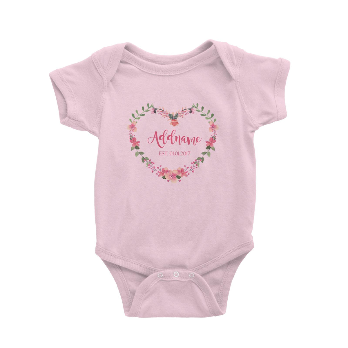 Add Name and Add Date in Pink Heart Shaped Flower Wreath Baby Romper