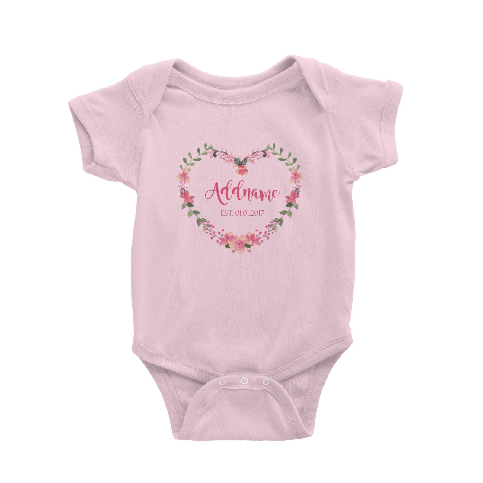 Add Name and Add Date in Pink Heart Shaped Flower Wreath Baby Romper