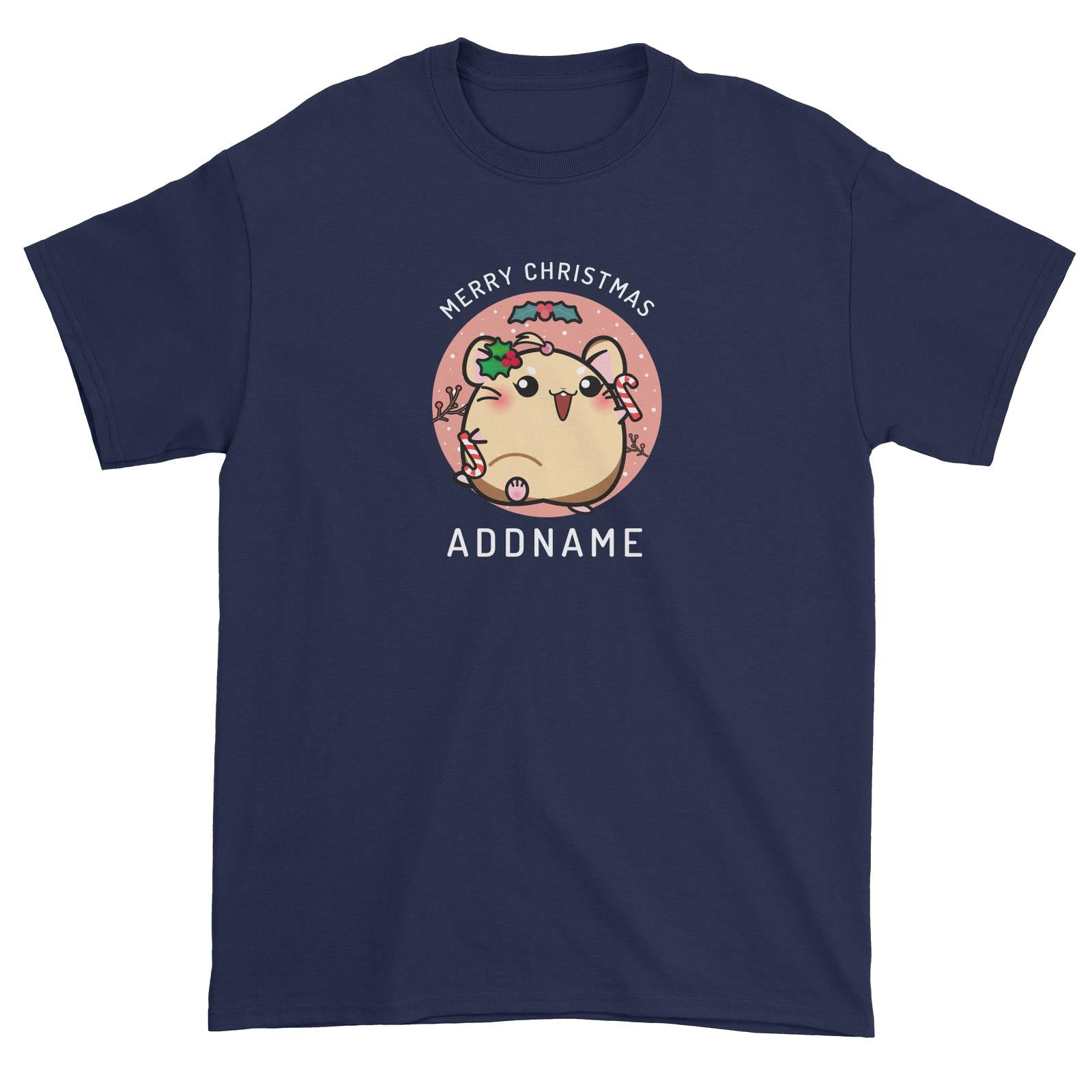 Merry Christmas Cute Santa Mistletoe Girl Hamster with Candy Cane Unisex T-Shirt