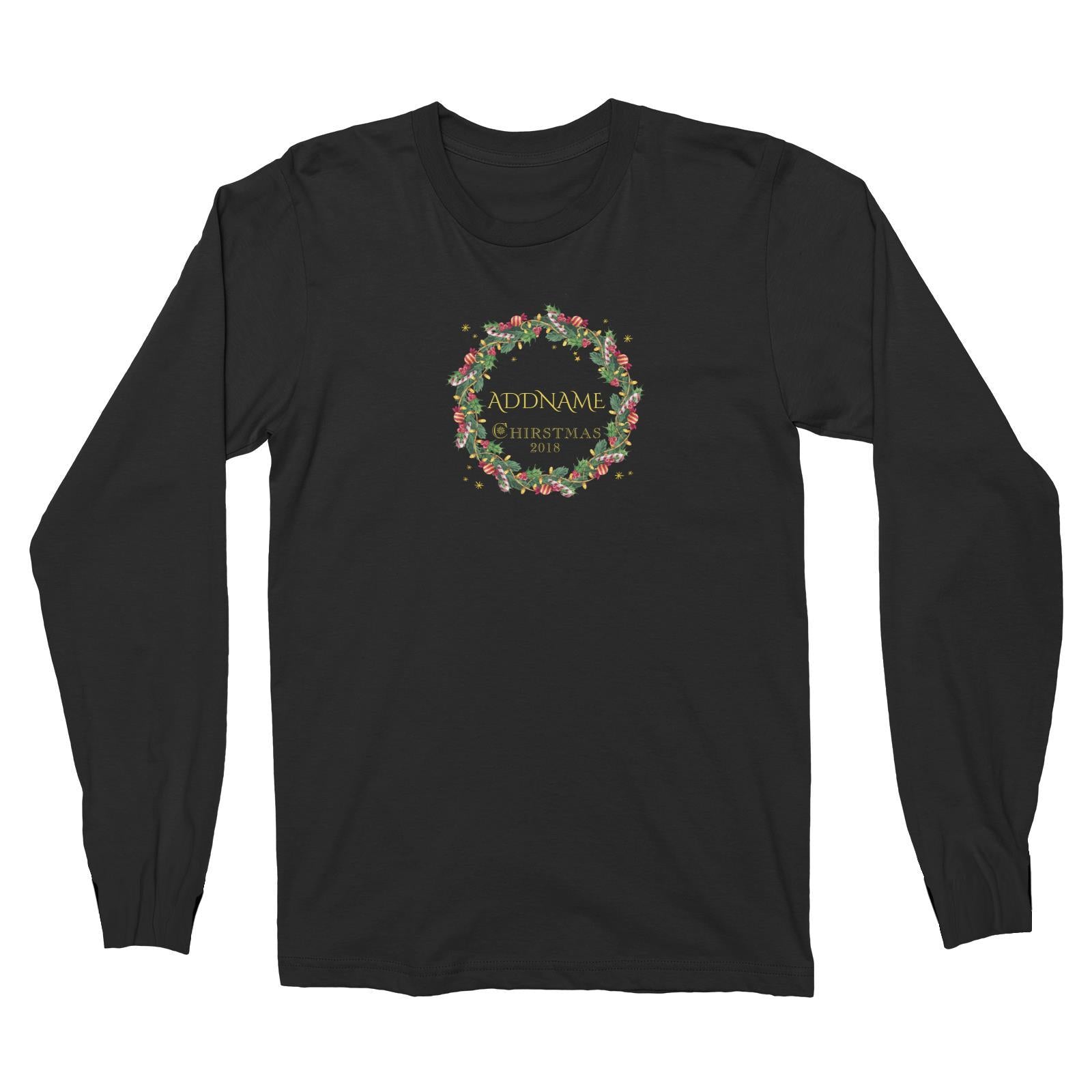 Christmas Watercolour Wreath With Candy 2018 Addname Long Sleeve Unisex T-Shirt