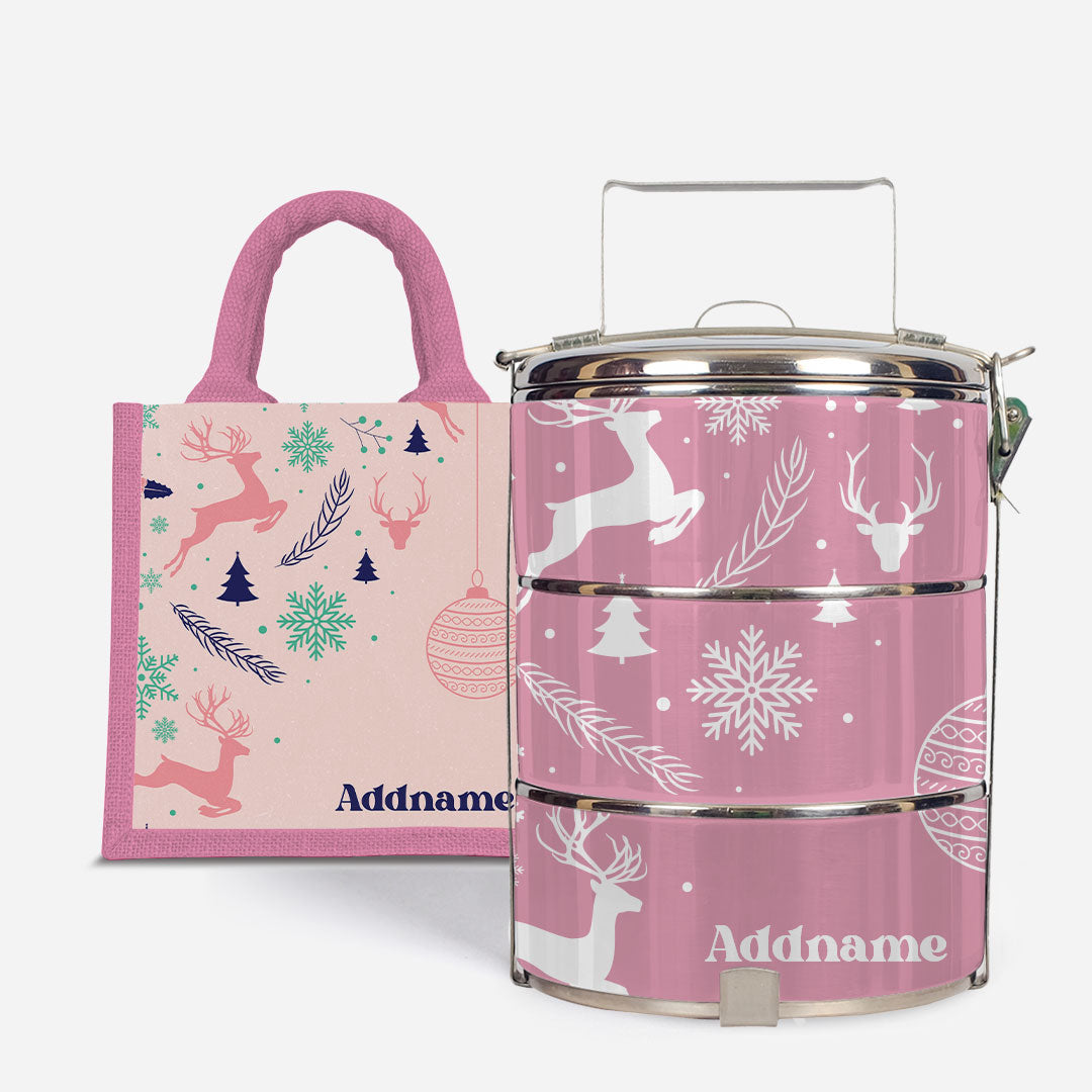Christmas Series Standard Tiffin  with Half Lining Lunch Bag Jubilant Reindeers Light Pink
