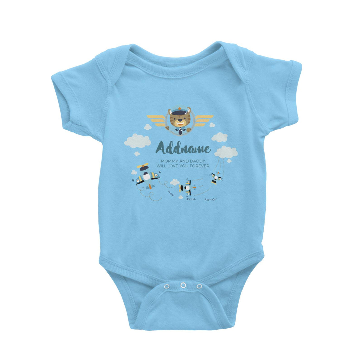Cute Bear Pilot and Blue Planes Flying Personalizable with Name and Text Baby Romper