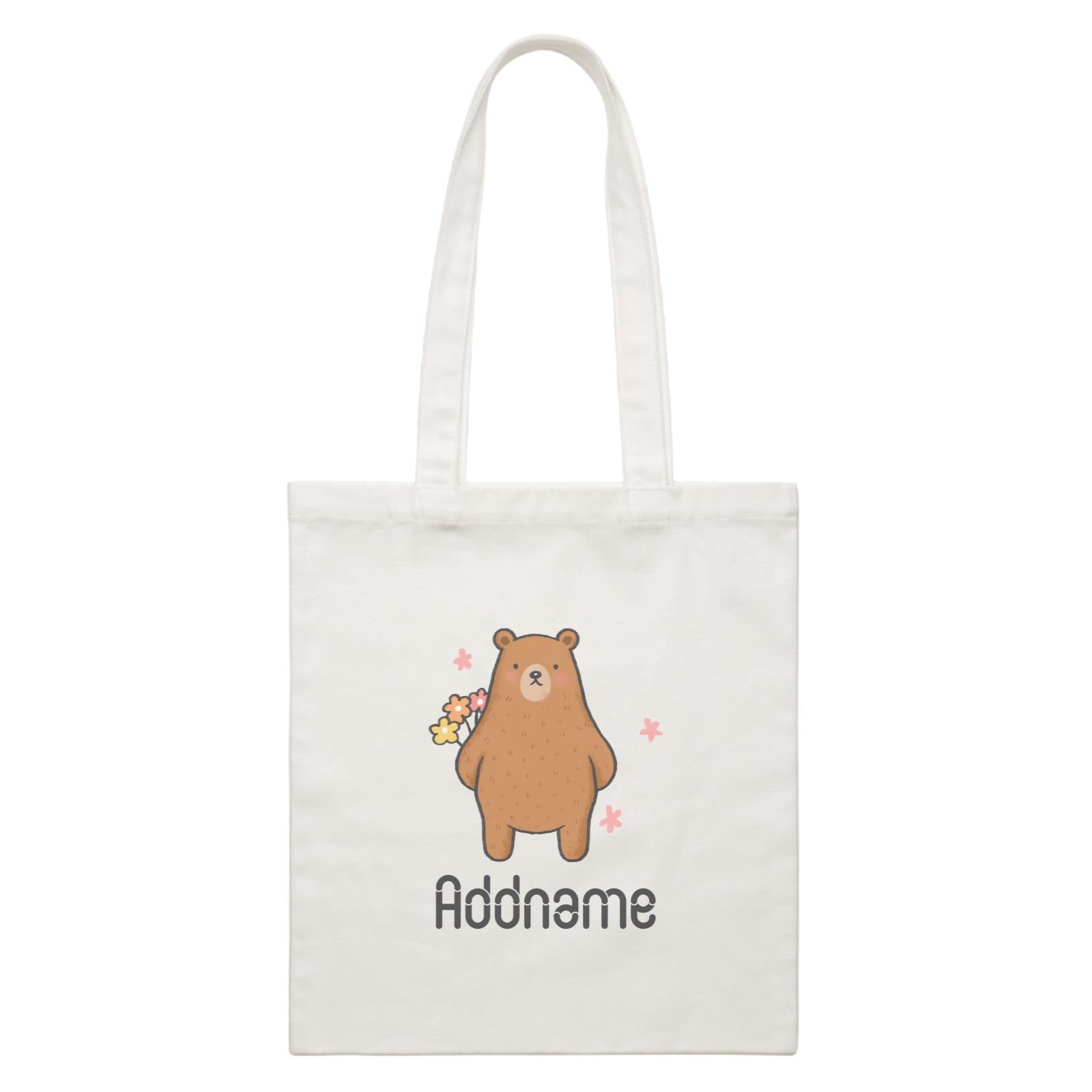 Cute Hand Drawn Style Bear with Flowers Addname White Canvas Bag