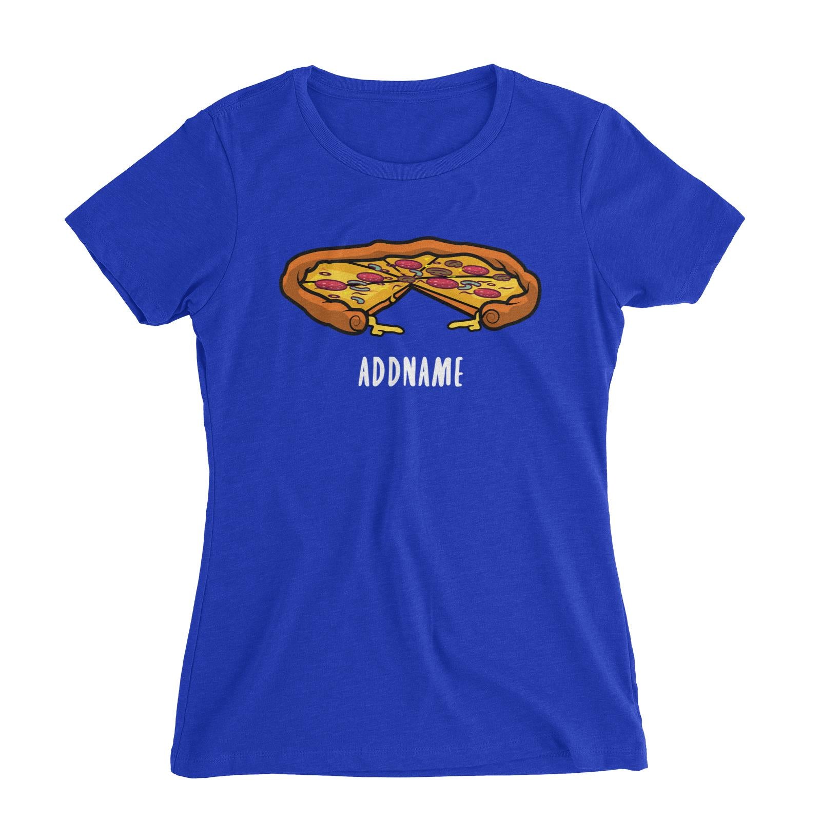 Fast Food Whole Pizza with A Slice Taken Out Addname Women's Slim Fit T-Shirt  Matching Family Comic Cartoon Personalizable Designs